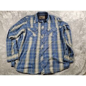 Realtree Western Pearl Snap Shirt Blue yellow Plaid Mens XL Long Sleeve